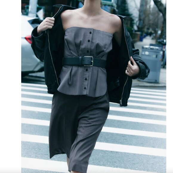 BLOGGER'S FAVE! Zara Belted Strapless Top Gray NWT - Picture 5 of 15